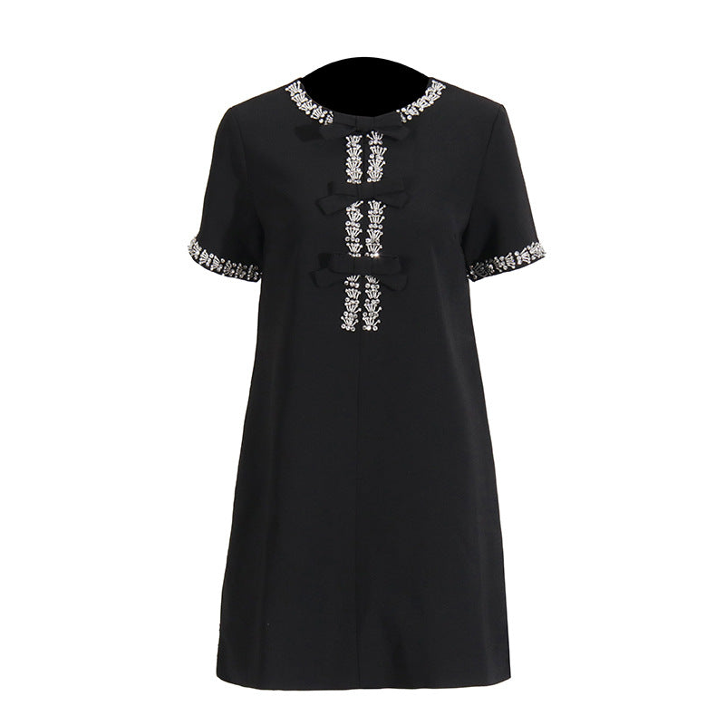 Diamond Drill Skirt 2025 Summer New Round Neck Short Sleeves Solid Color Waist Dress Dress Woman