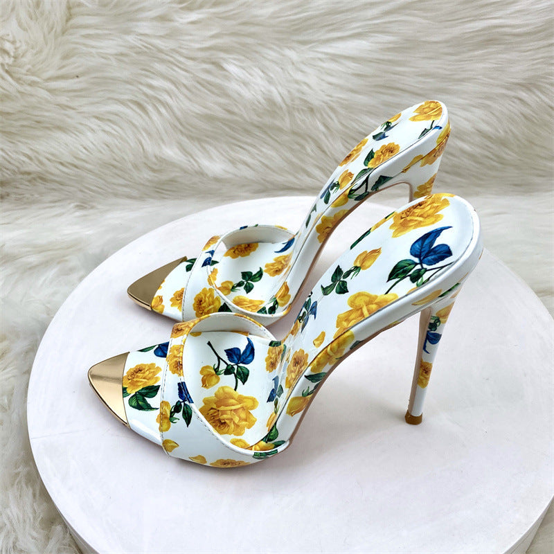 Summer Word Drag High Heel Shoes 12CM Tip Finger Fine Heel Sexy Printed Women's Shoes High Quality Shoes