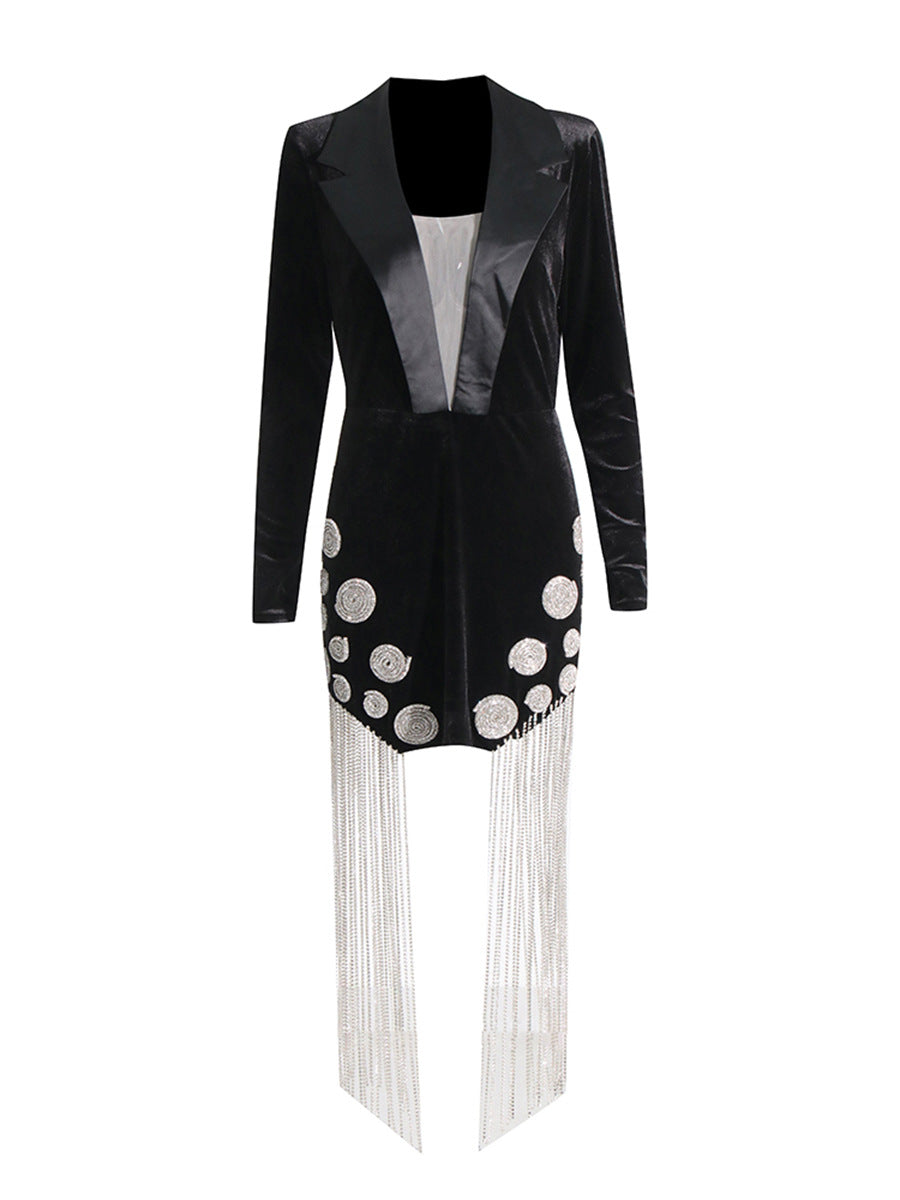 Sexy Suit Dress Women's Dress 2025 Spring New Heavy Industry Diamond Tud Escrow Splicing Long Sleeve Dress
