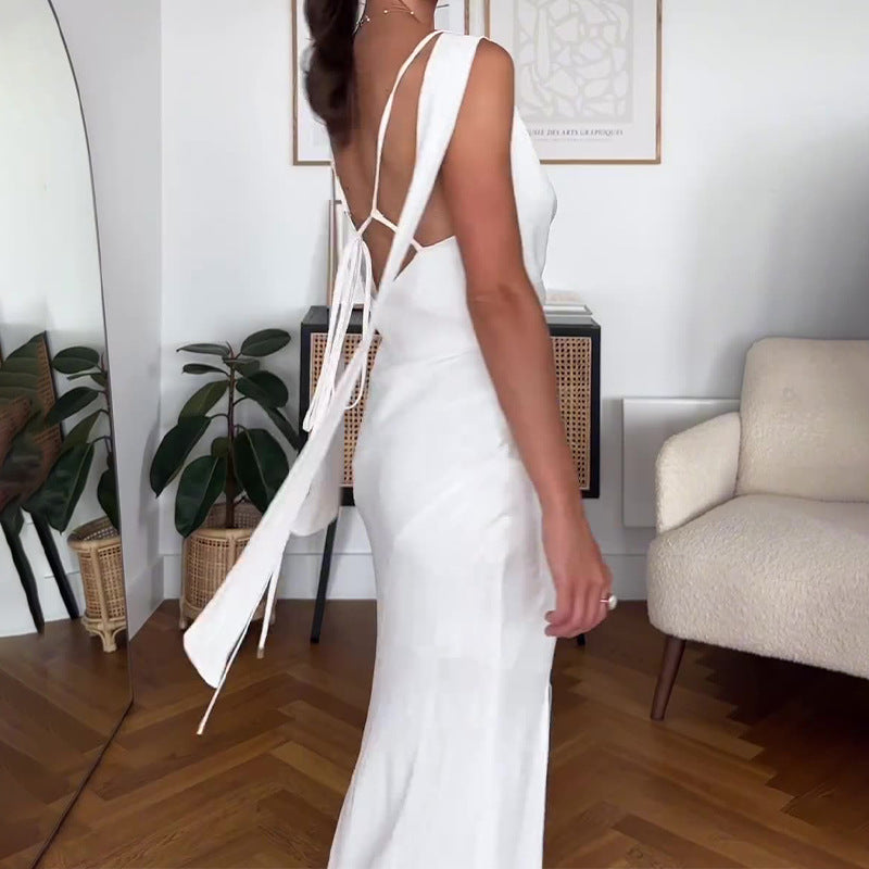 2024 Women's Sexy Beach Wind Hanging Neck Deep V Bare Back Strap Long Textured White Dress