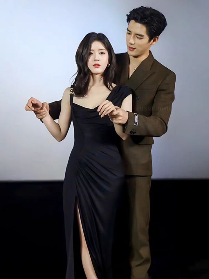 Luth Star Of The Same 2024 Summer Famous Temperament Folded Asymmetrical Shoulder Opening Black Dress Dress