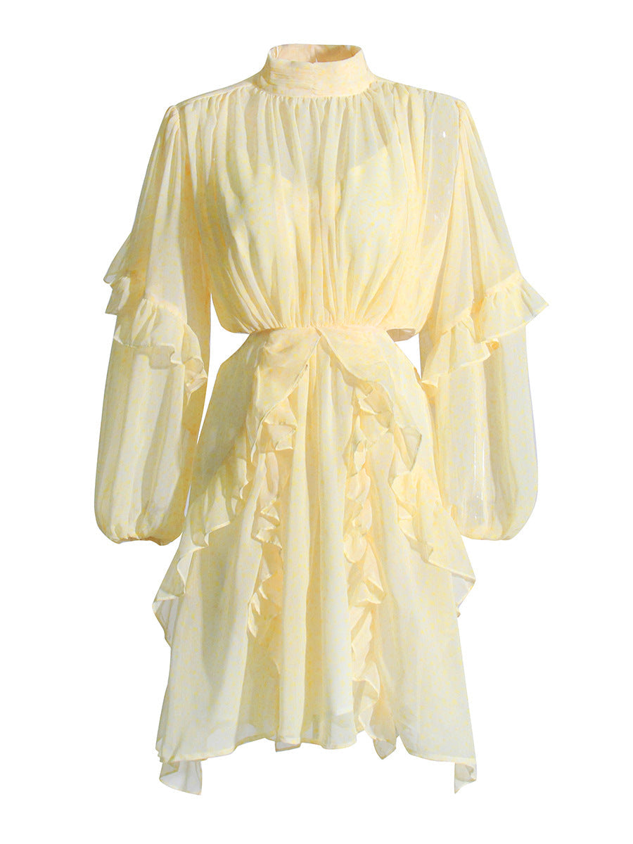 Retro Style 2025 Summer New Mesh Collar Long Sleeves Wood Ear Design Lumbar Short Dress Woman