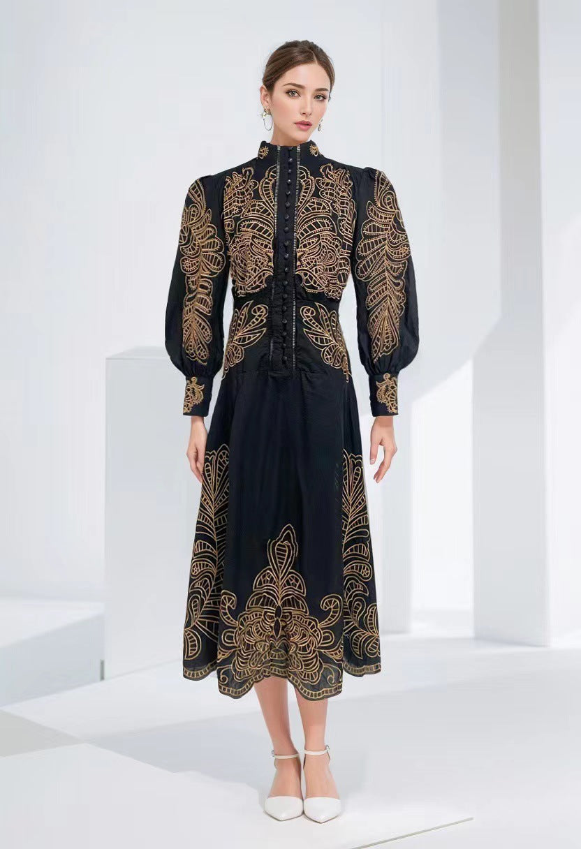Early Spring And Autumn New Collar Embroidery Embroidery Process Single Buckle Waist Long Dress Woman