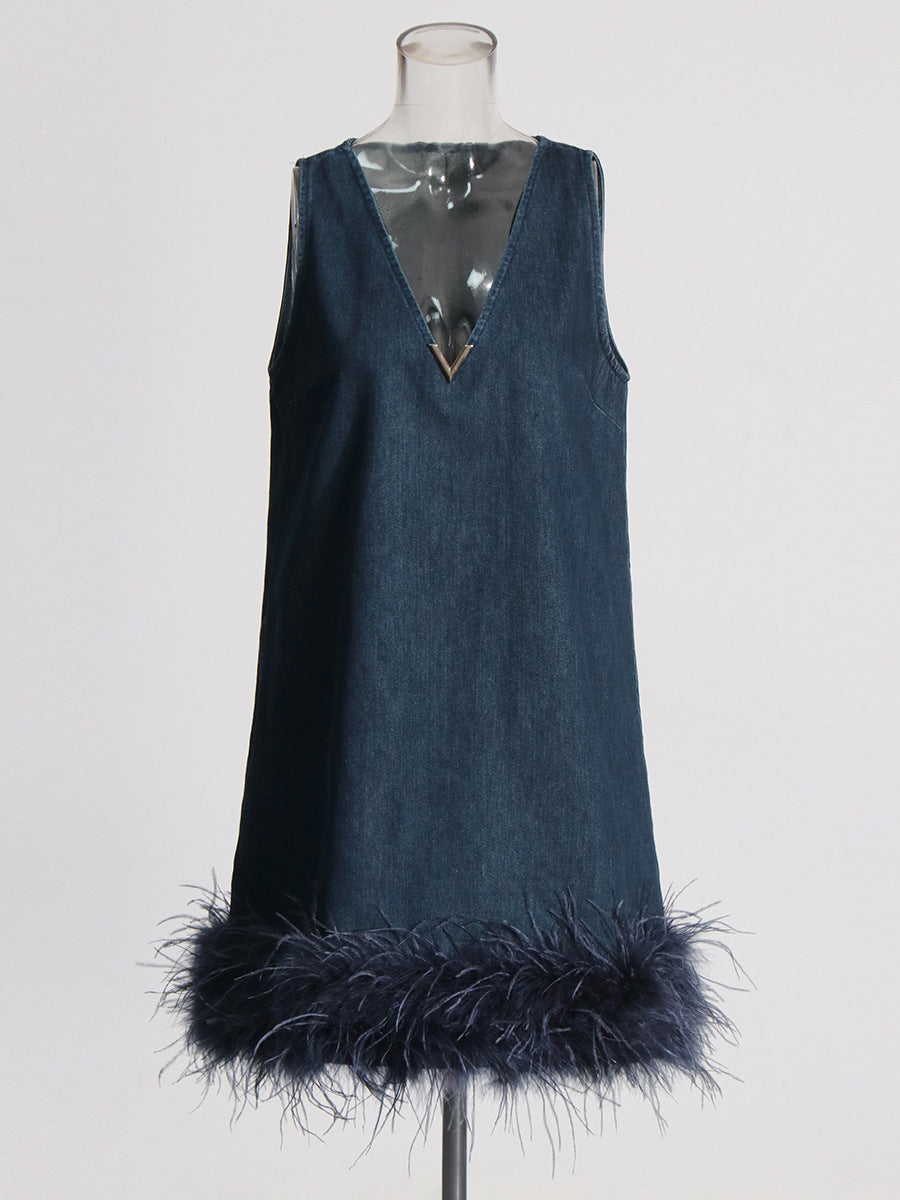 Dress 2025 Summer New High-End Feeling Sleeveless V-Necked Cowboy Splicing Feathers Short Dress Dress Woman
