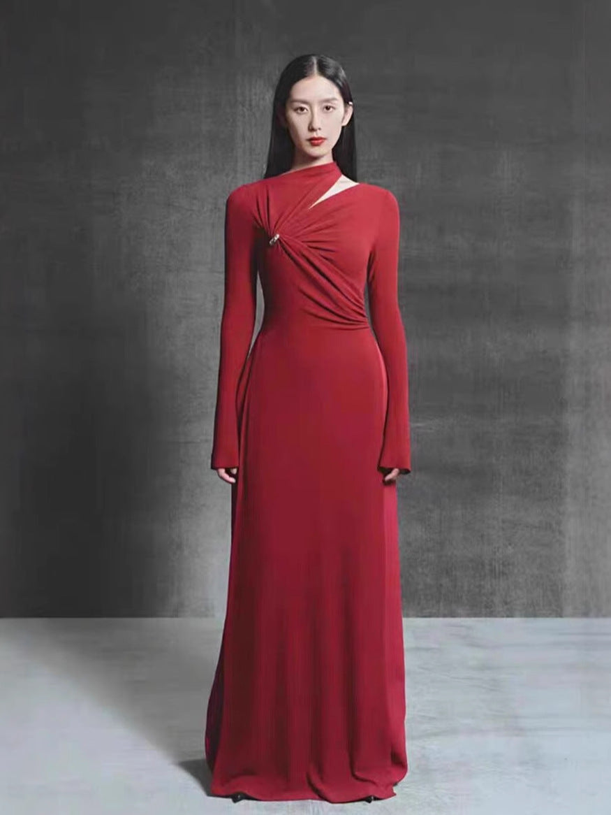 2025 High-Senior Elegance Aneled Collared Metallic Trim Folded Dress Dress Dress Dress