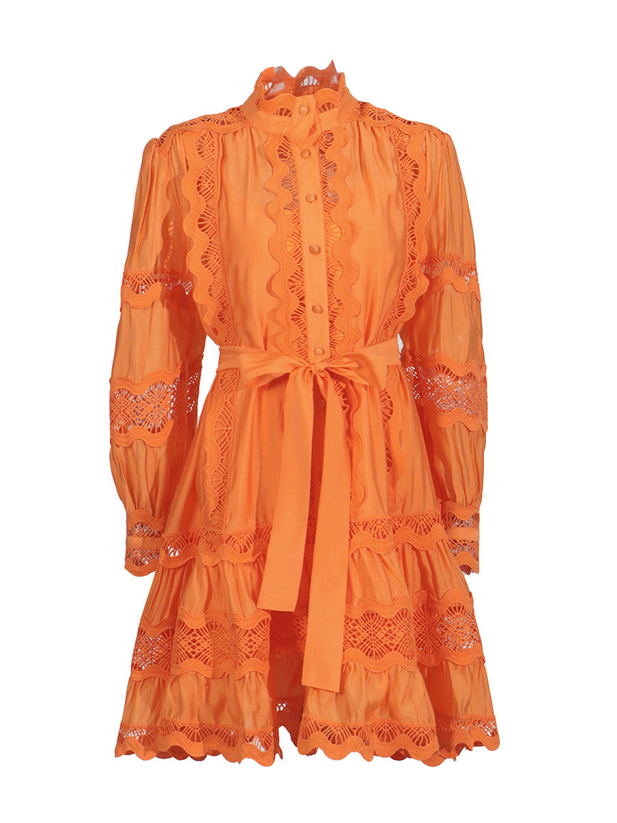 Elegant Court Style 2025 Summer New Collar Lace Embroidery Strap Lotus Side Lantern Sleeve Dress