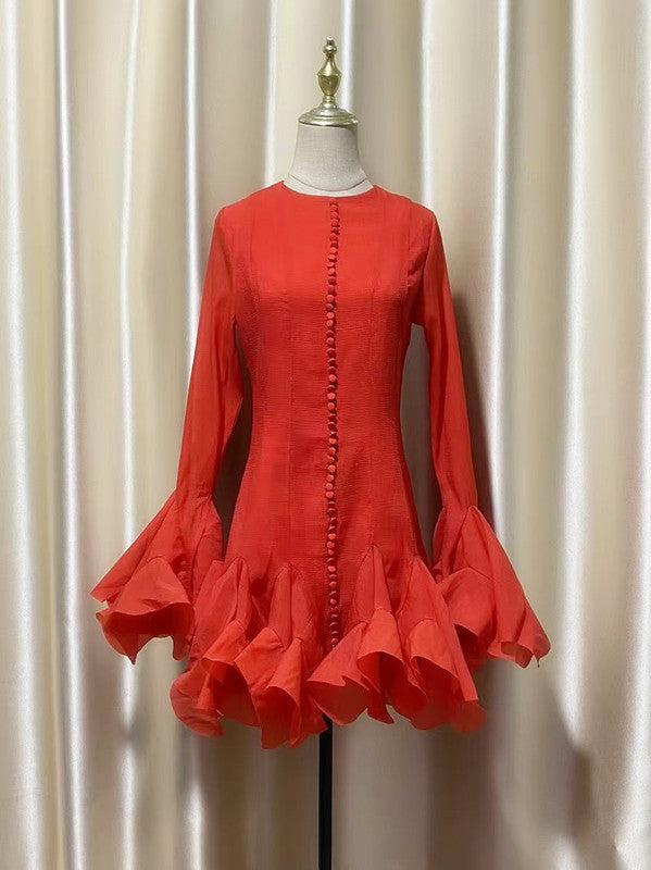 2025 Long-Sleeved Dating Dress Lotus Edge Cut Dress White Short Dress