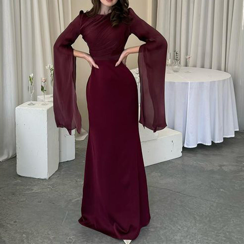 And Autumn 2024 Solid Color Splicing Big Swing Sleeve Collar Body Repair Dress Dress