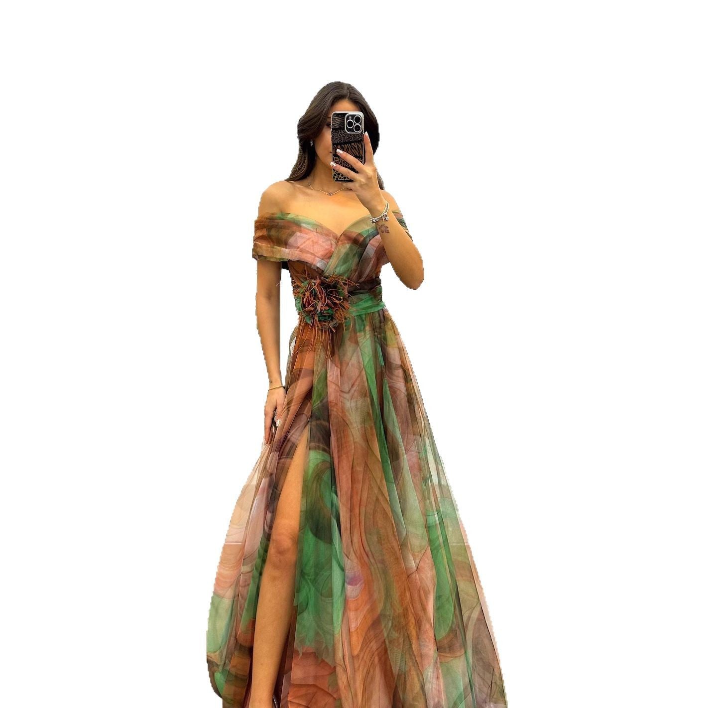 2025 New Yarn Net Printed Party Dress INS Casual Fashion Women's Dress HZ0628