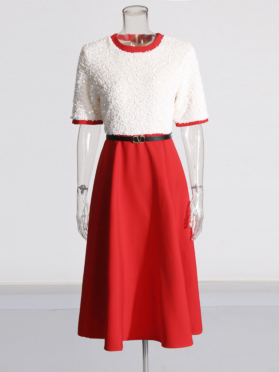 Elegant Wind 2025 Summer New Heavy Industry Embroidery Beads Design Fake Two Waist Dress Dress Dress