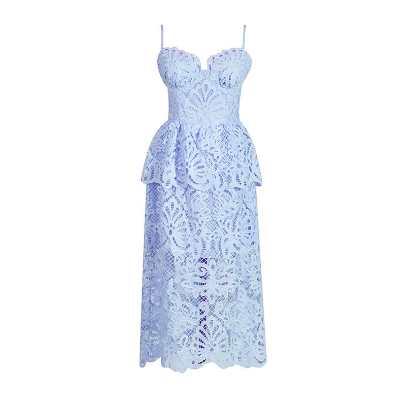 Elegant Wind-Sling Dress 2025 Spring Hollow Embroidered Water-Soluble Flower High-Waisted Bra Dress Female