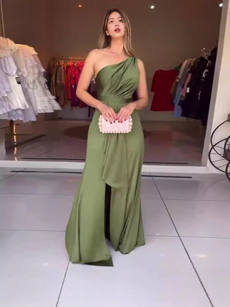 Summer Women's New Fashion Sexy Slanted Shoulder Solid Color Open Fork Dress