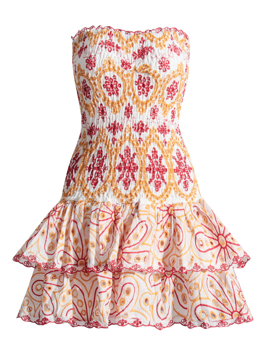 Summer New Sexy Smear Embroidery Hollow Lotus Leafy Dress To Collect Waist Thin Print Slim Dress