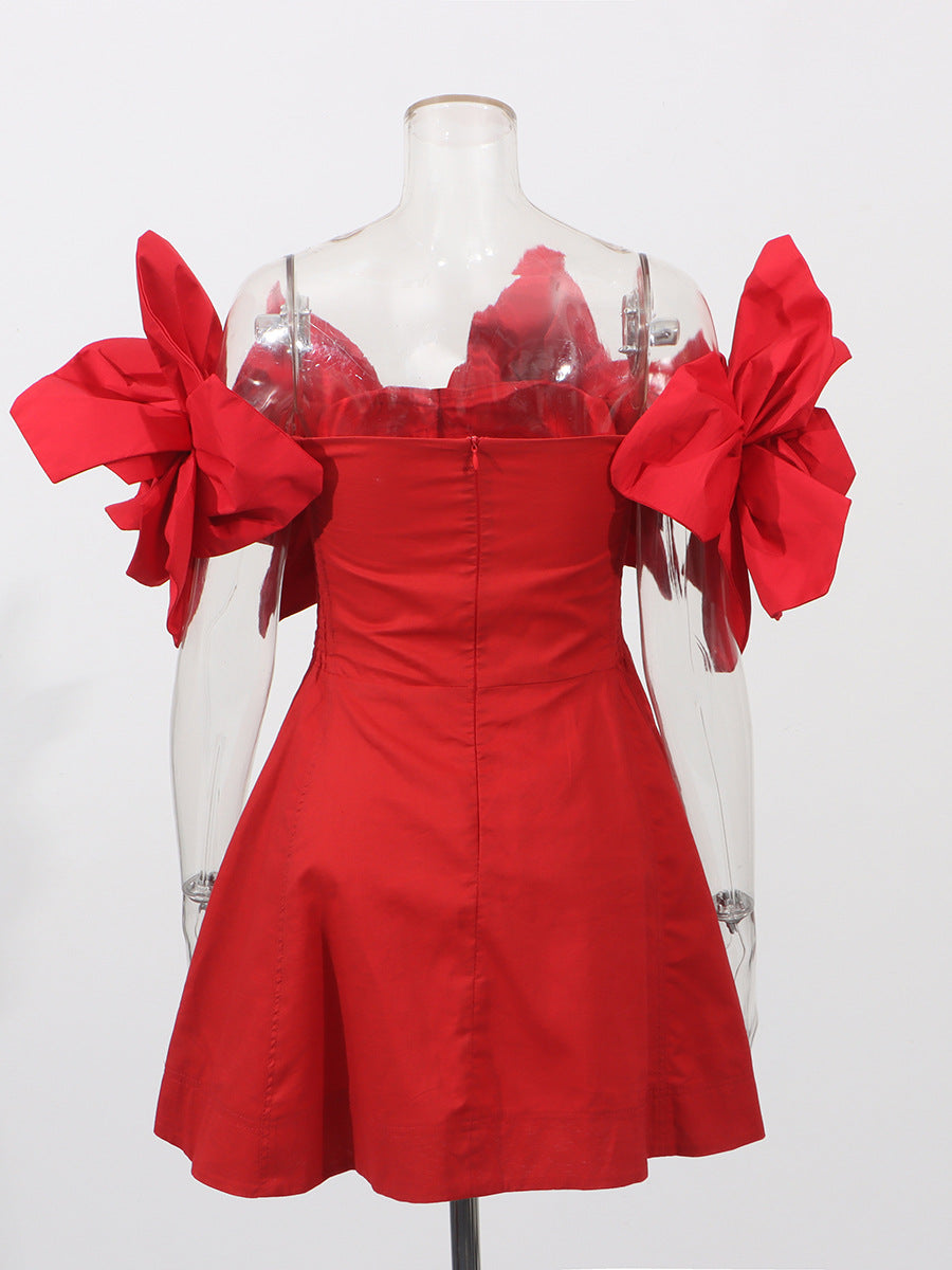 Evening Dress Three-Dimensional Flowers Spliced A Word Shoulder Skirt 2025 New Women's Summer Waist Solid Color Dress Women