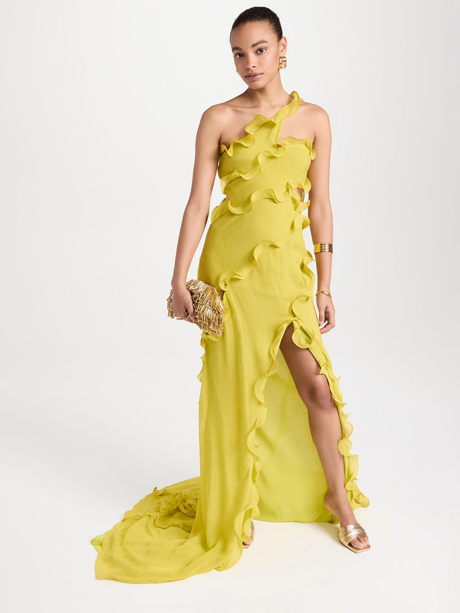 Wind-Slanted Shoulder Dress Dress 2025 Spring New Splicing Wood Ear Repair Sexy Open Skirt Dress Woman