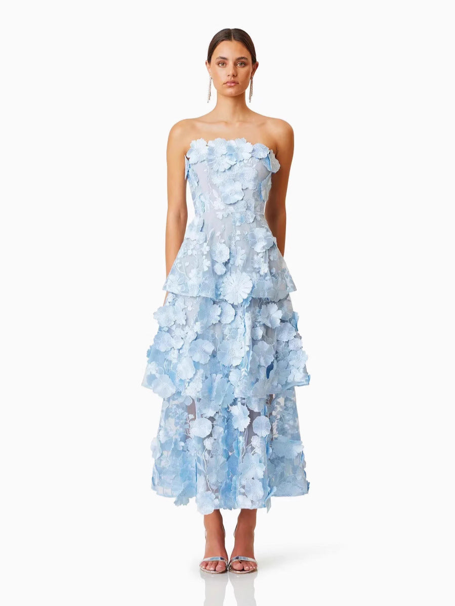 New Flower Three-Dimensional Decoration Solid Color Tarnish Sleeveless Long Dress Woman