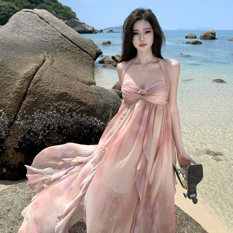 Holiday Hanging Neck Pink Dress Beach Dress Chiffon Slings Holiday Dress Dress Dress Dress Dress Dress Woman