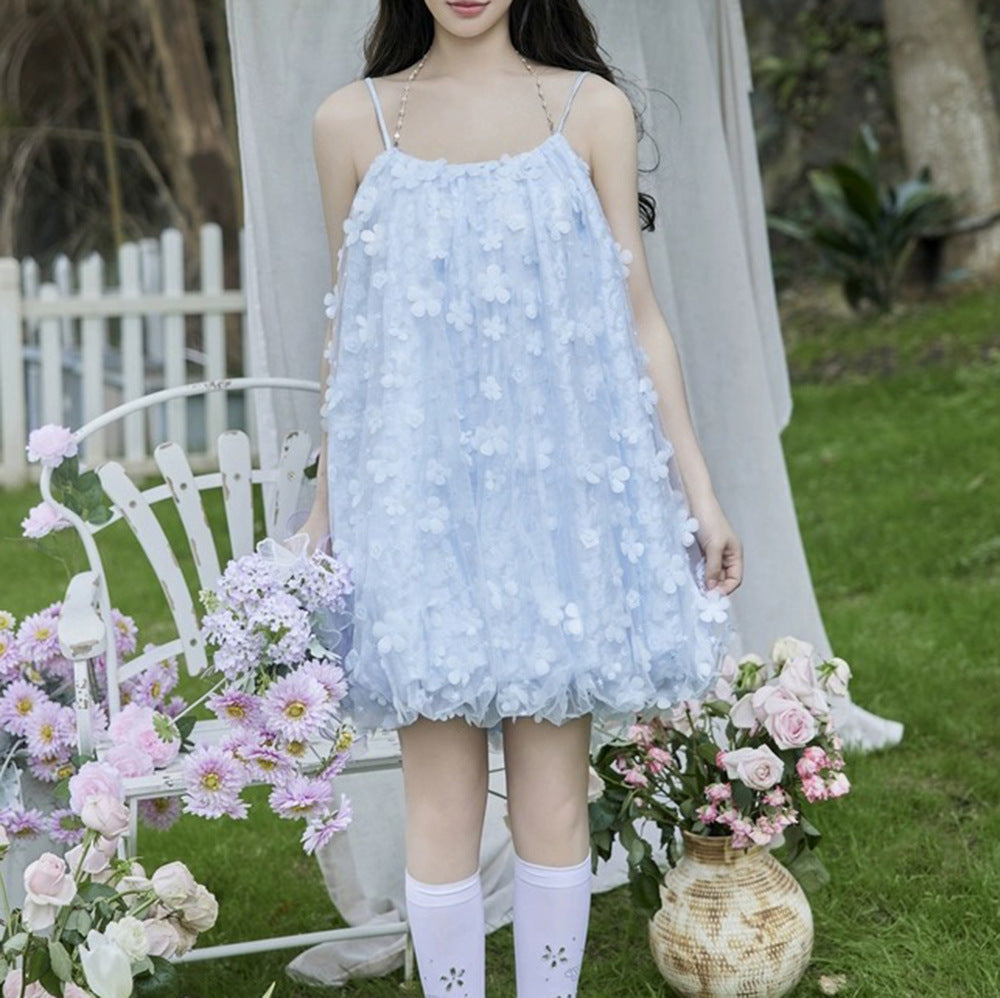 Blue Flower Floral Bud Dress 2024 New Sweet Sling With Short Small Man Dress