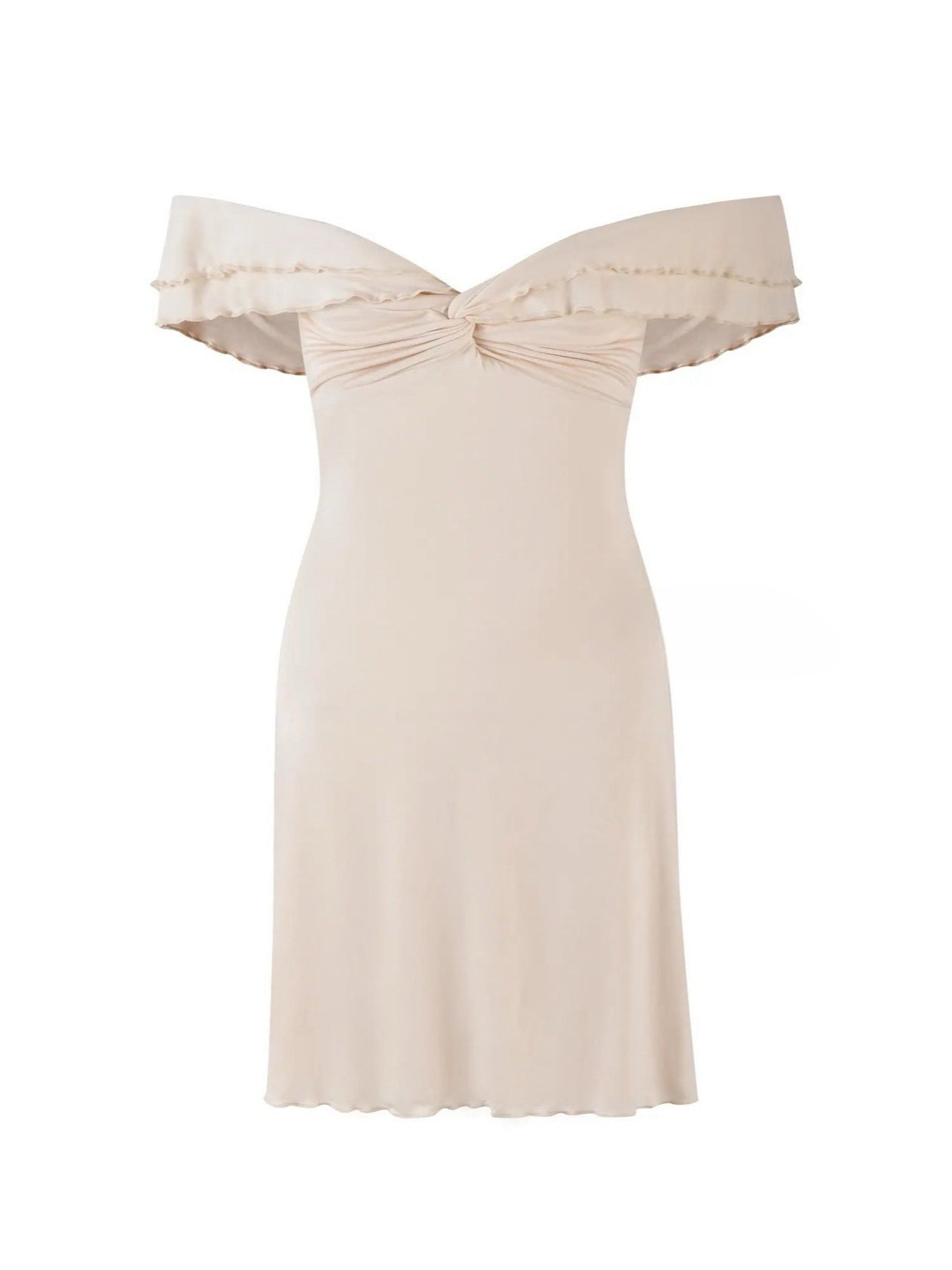 Sexy One-Word Hanging Shoulder-Wielt Tective Dress Spring And Summer Twinning Lotus Side Sleeves And Hips Mini Short Skirt