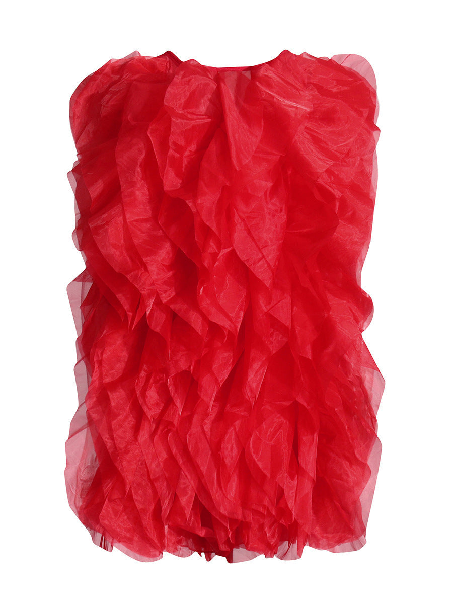 Temperament Thin Dress Women's Dress 2025 Spring New Sleeveless Wood Ear Folding Mesh Cake Skirt