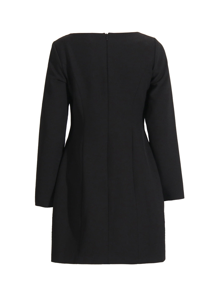 Temperament Simple Style Dress 2025 Spring And Summer New Round Collar Bow Pocket Design A-Character Dress