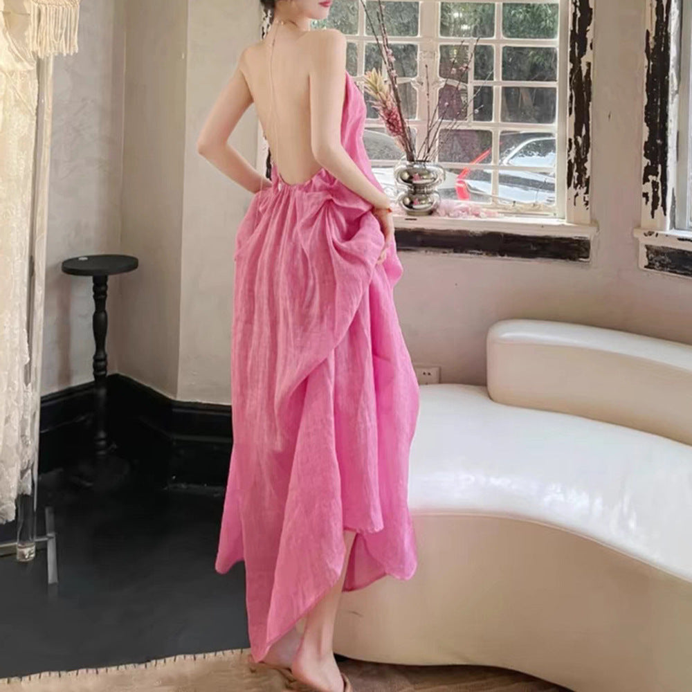 New Elegant Loose Folded Neck Dress Sexy Bare Sleeveless Holiday Dress