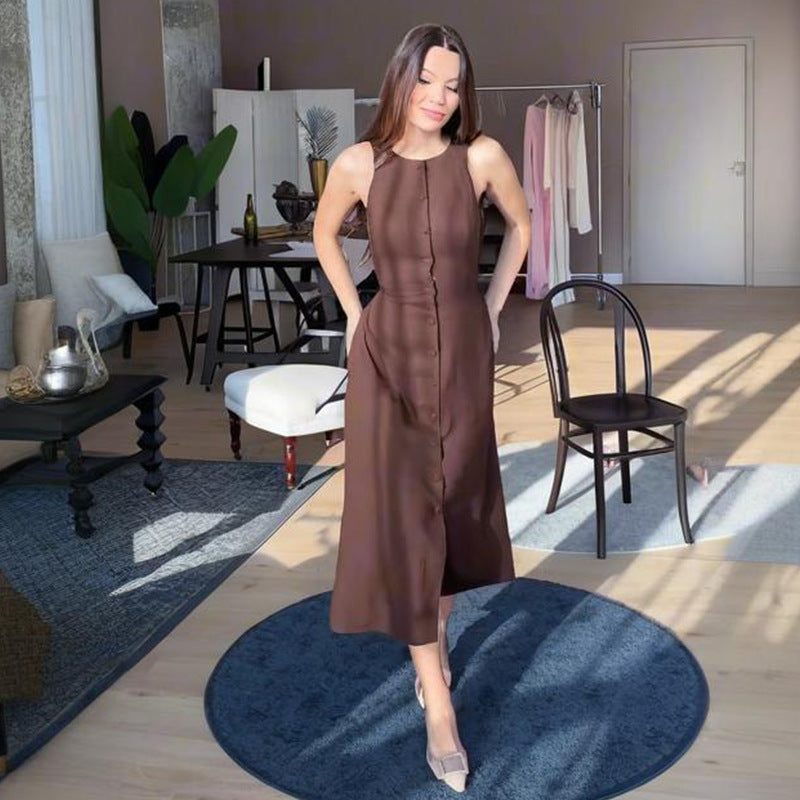 Summer New Women's Sleeveless Button Open Shirt Waist Temperament Fashion Dress