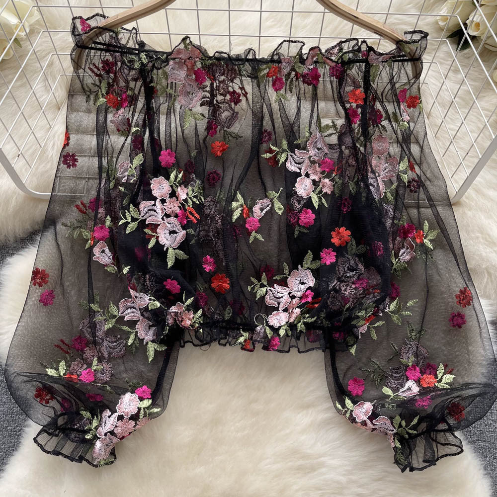 Shoulder Mesh Embroidery Perspective Shirt For Women's Summer Loose Bubble Sleeve Short Hoodie Long-Sleeved Lace Shirt DJPT