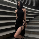 Summer New Hottie Black Dress Sexy Hanging Neck Hollow Double Open Fork Dress Woman DJPT