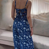 Summer New Leisure Holiday Blue Print Retro Bare Back Double Strap Sling Skirt