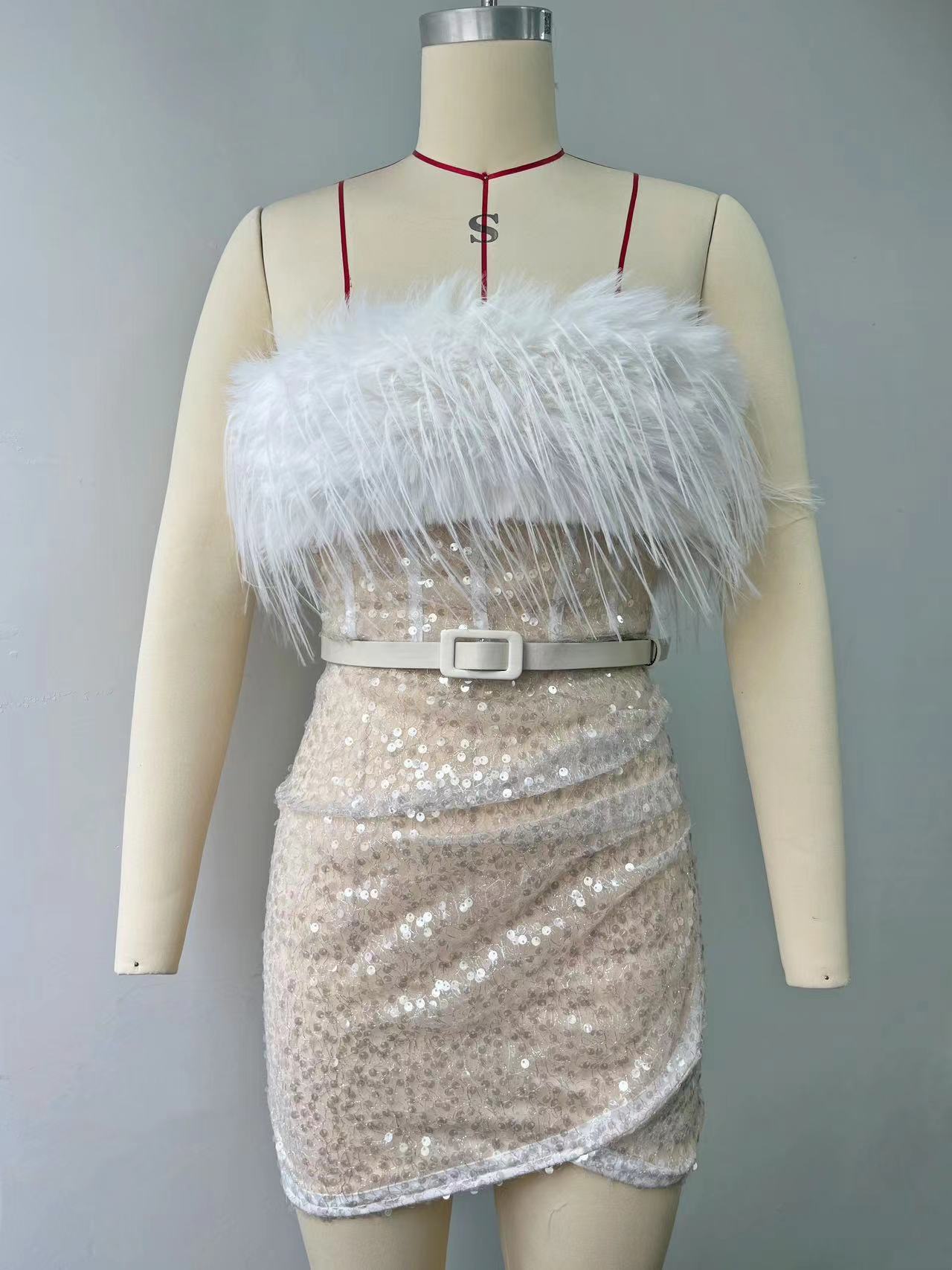 Hot Short Dress High-Waist Sexy Squine Dress One-Word Shoulder Feather Dress