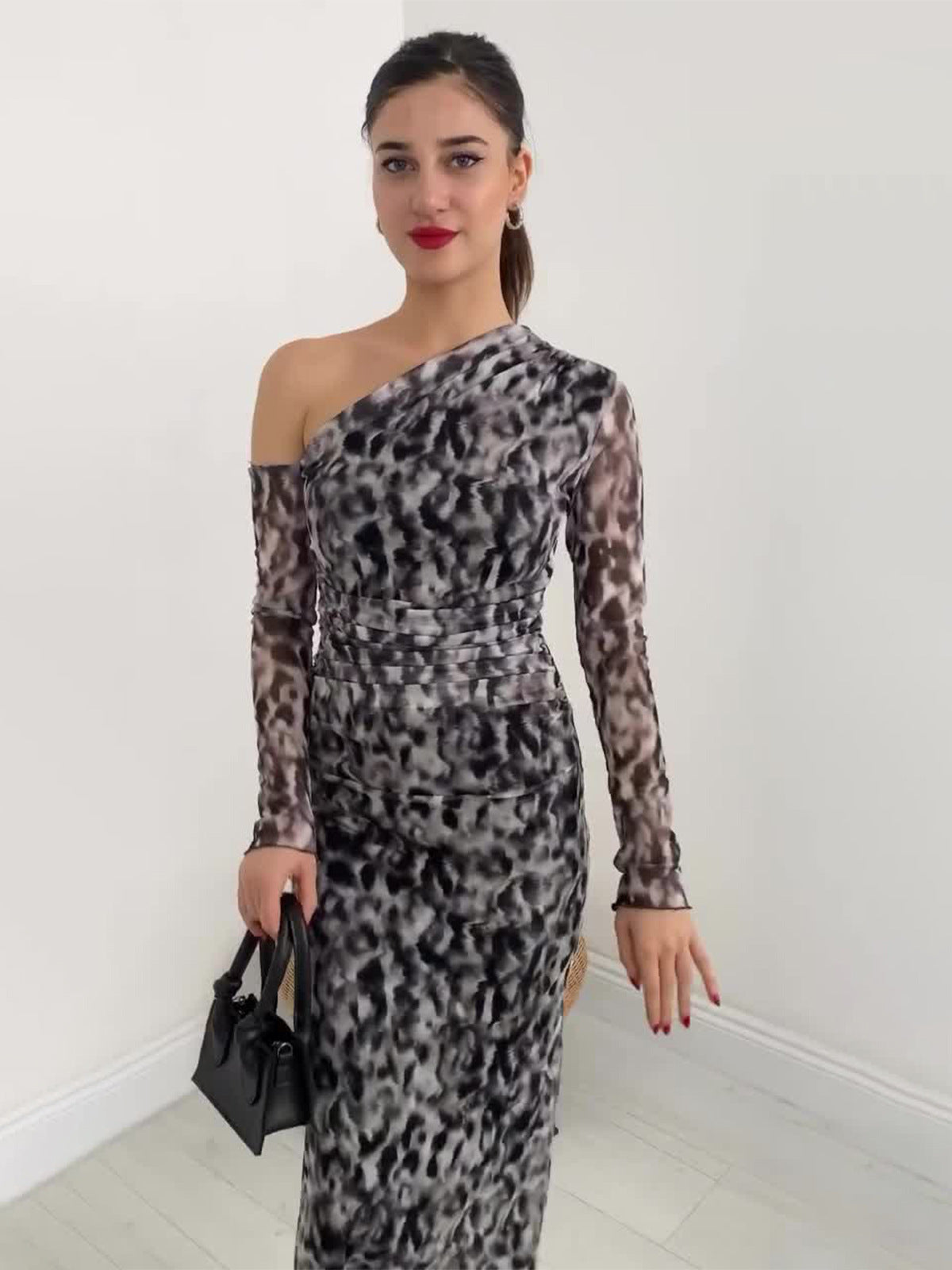 2024 New Leopard-Print Twilled Long-Sleeved Long Temperament Dress Woman