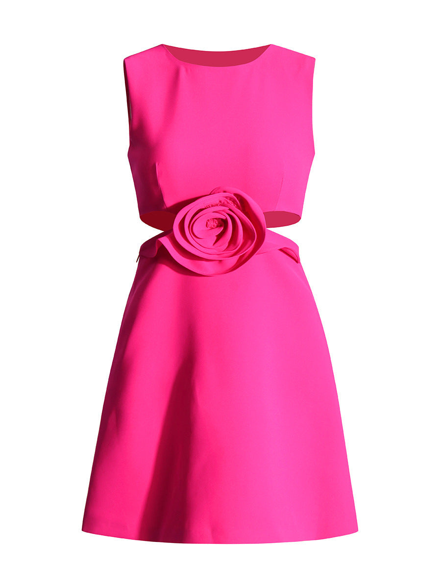 Small Sexy A-Dress 2025 New Round-Neck Sleeveless Design Lumbar Three-Dimensional Flowers Short Dress Dress Woman