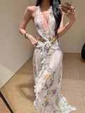 Niche Elegant Temperament Hanging Neck-Loaked Dress Woman 2025V Collar Folded Three-Dimensional Flower Dress