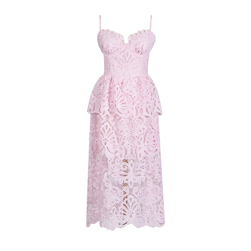 Elegant Wind-Sling Dress 2025 Spring Hollow Embroidered Water-Soluble Flower High-Waisted Bra Dress Female