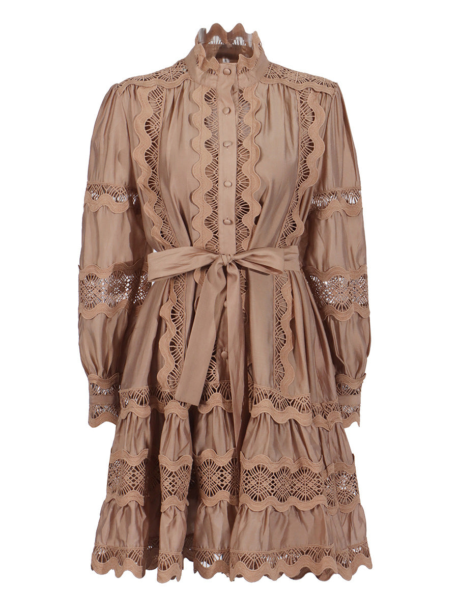 Elegant Court Style 2025 Summer New Collar Lace Embroidery Strap Lotus Side Lantern Sleeve Dress