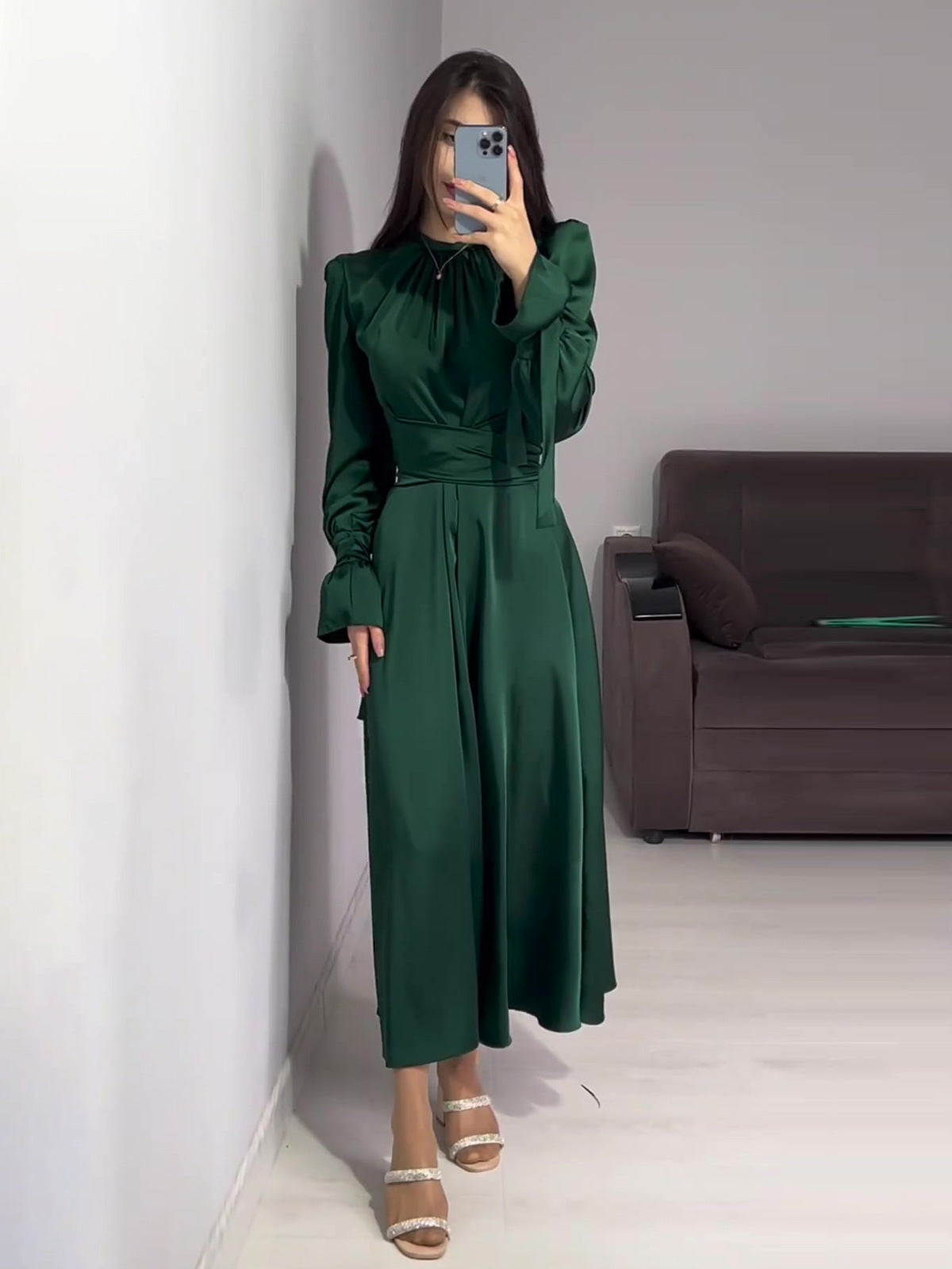2024 New Waist-Skinny Strap Solid Color Long-Sleeved Dress Design Dress Dress Woman