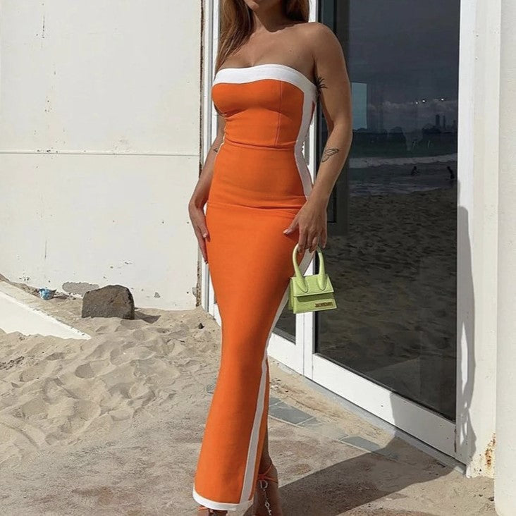 Women's Striped Splicing Bra Casual Sexy Bag Hip Dress Long Dress