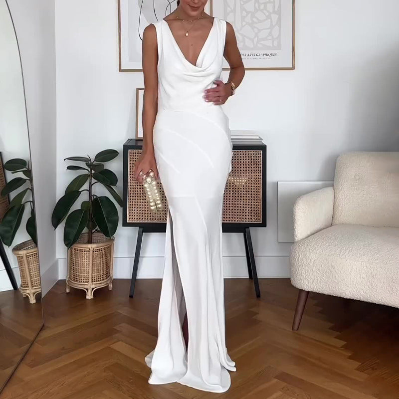 2024 Women's Sexy Beach Wind Hanging Neck Deep V Bare Back Strap Long Textured White Dress