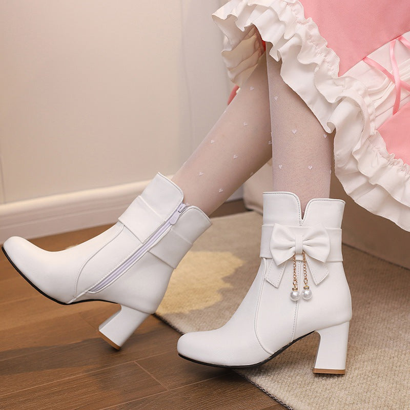 Size Women's Shoes Bows Coarse And Short Boots Women's Korean Version Of High Heel Boots High Quality Shoes