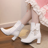 Size Women's Shoes Bows Coarse And Short Boots Women's Korean Version Of High Heel Boots High Quality Shoes