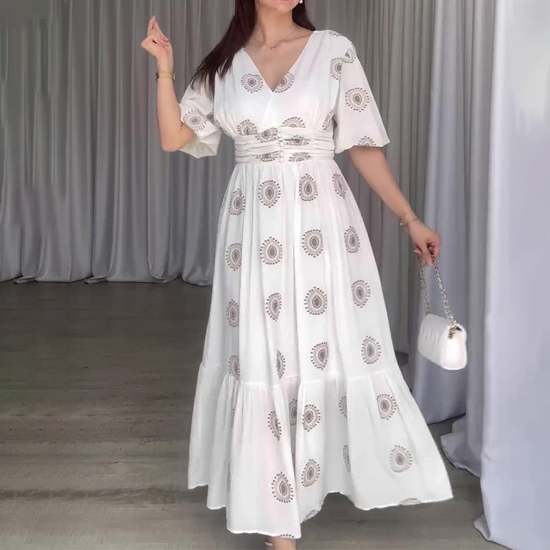 Women's Summer Fashion Vcollar Bubble Sleeve High-Waist Print Splicing Body Dress