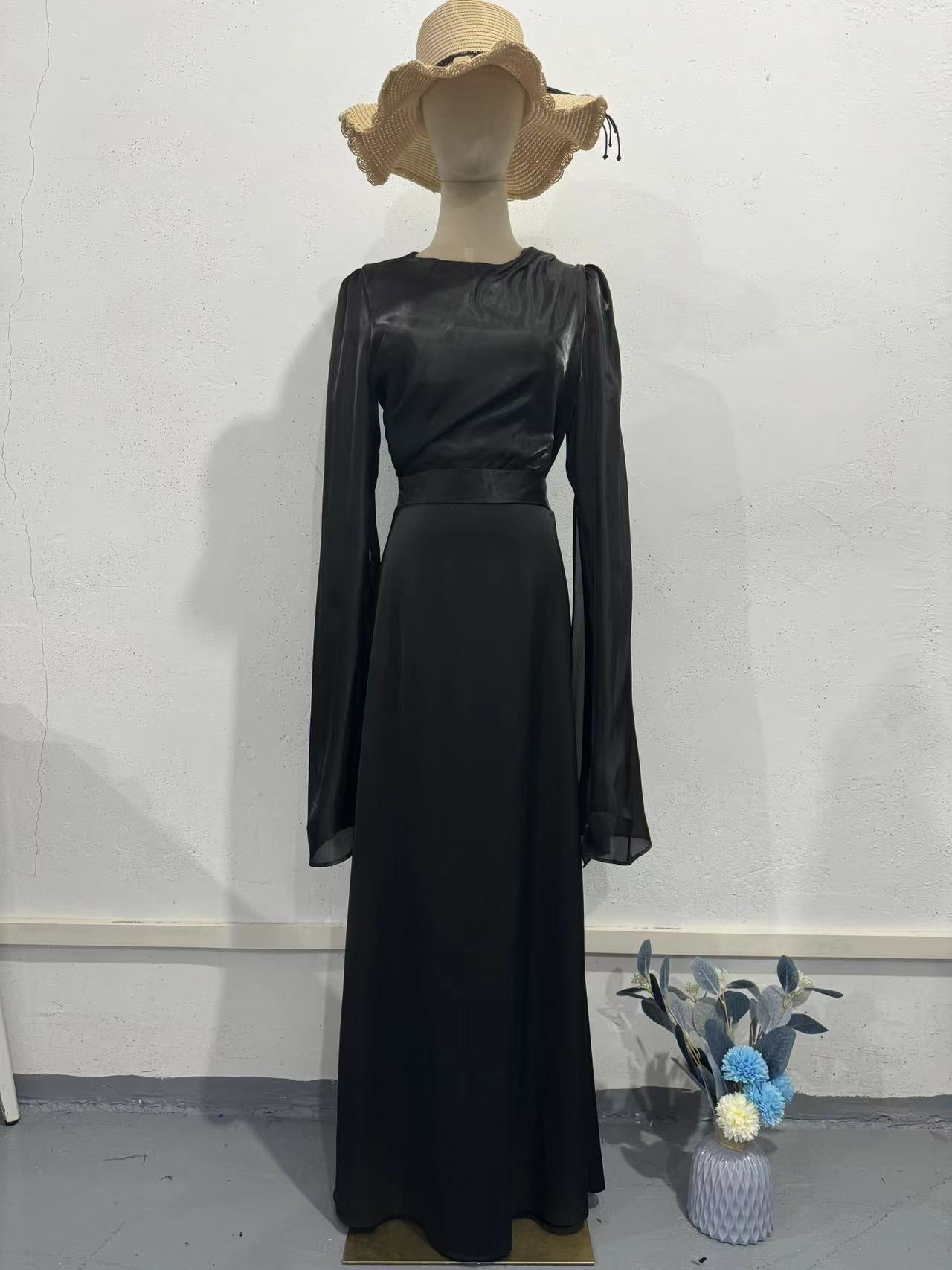 2024 Splicing Glass Yarn Sleeve Long Lint Repair Dress