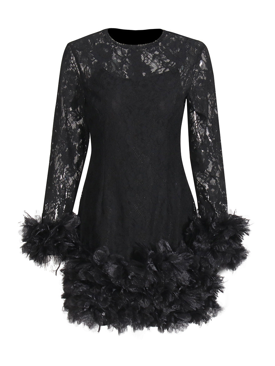 Senior Sense Dress Woman 2025 Summer New Lace Collar Splicing Mesh Long Sleeve Short Dress Women's Dress