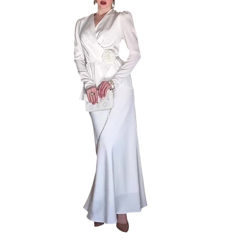 Women's Dress French V-Neck Temperament Suit Skirt High-Waisted Tie With Flowers High-Rise Half-Dress Two