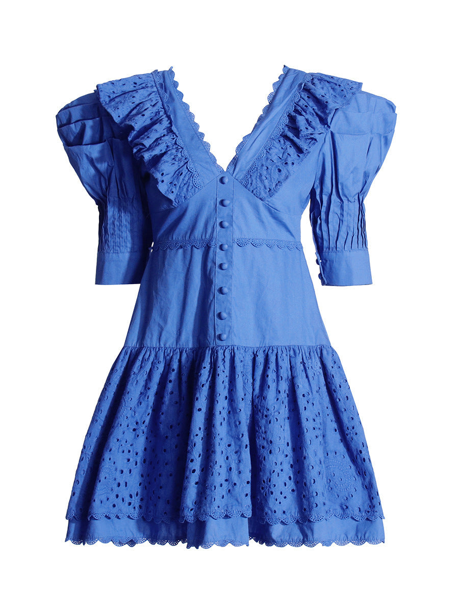 Romantic Court Style 2025 Spring New Fashion V-Necked Sleeve Lace Laminated Short Dress Woman