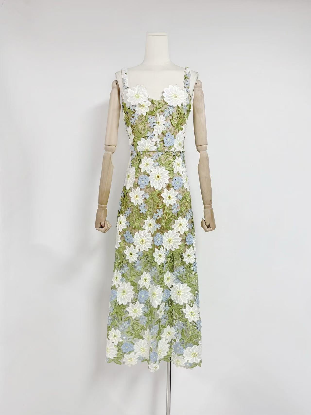 New Sling With Brated Flowers Decorated With Hollow Long Dress Women