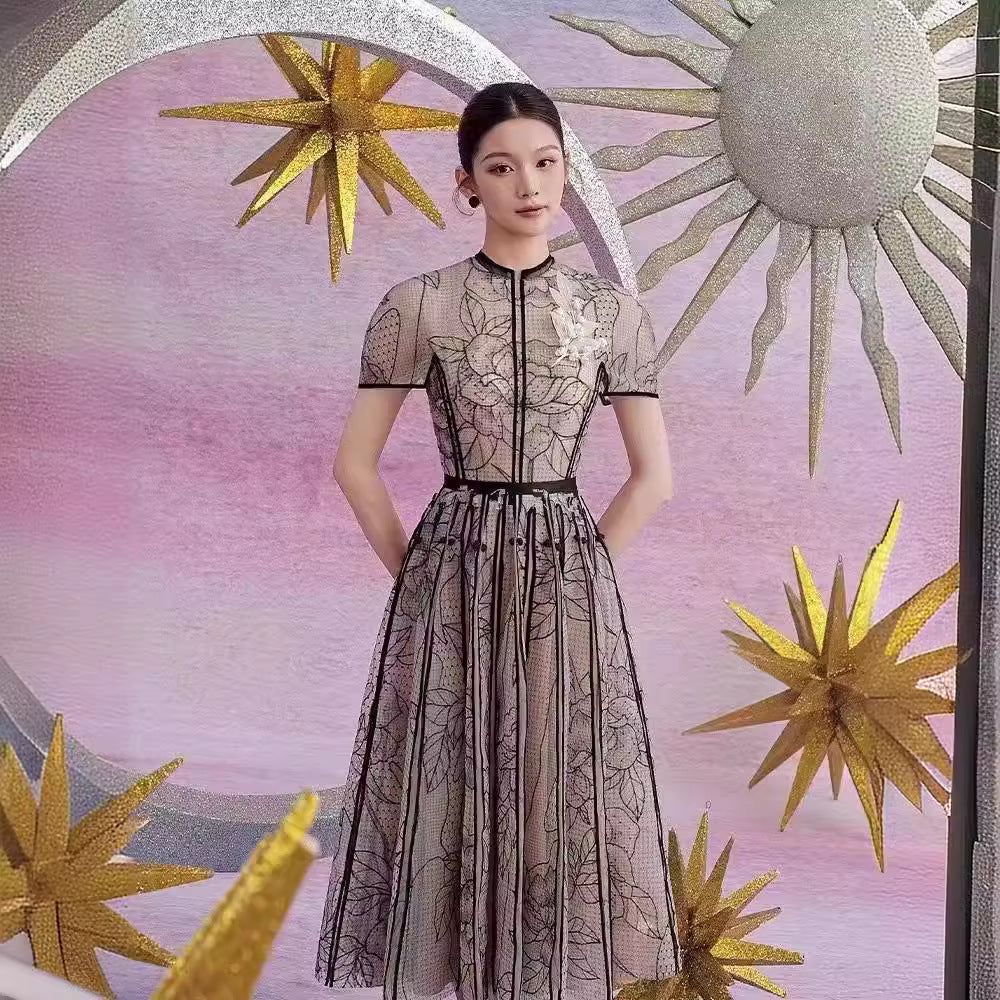 2025 Summer Round Collar Lace Three-Dimensional Flower Mesh Embroidery Dress