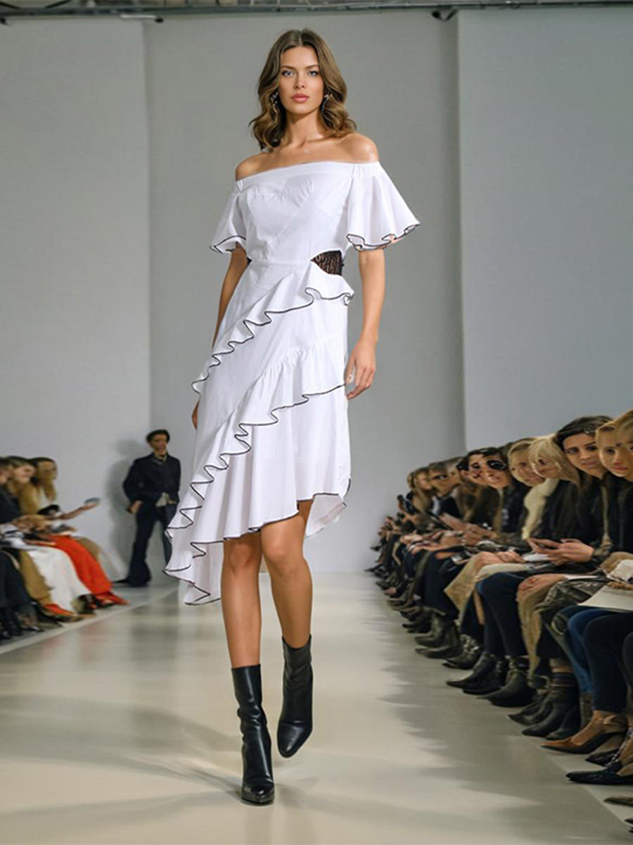 Temperament Dress Women's Dress 2025 Spring New Word-Collar Irregular Lace Splicing Beautiful White Dress