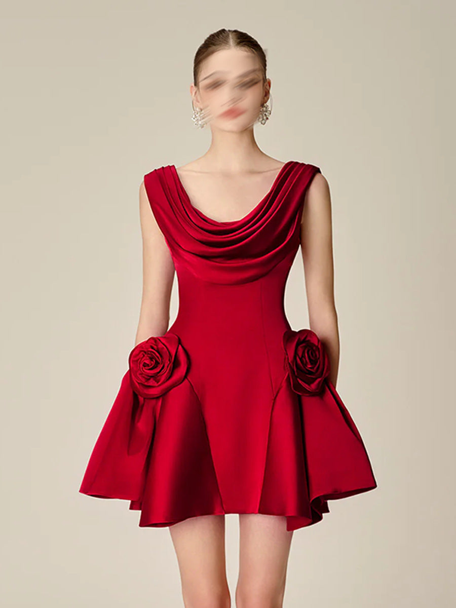 Temperament Sexy Elegant Baite Dress 2025 Summer New Collar Three-Dimensional Flowers Spliced A-Word Dress Dress Woman